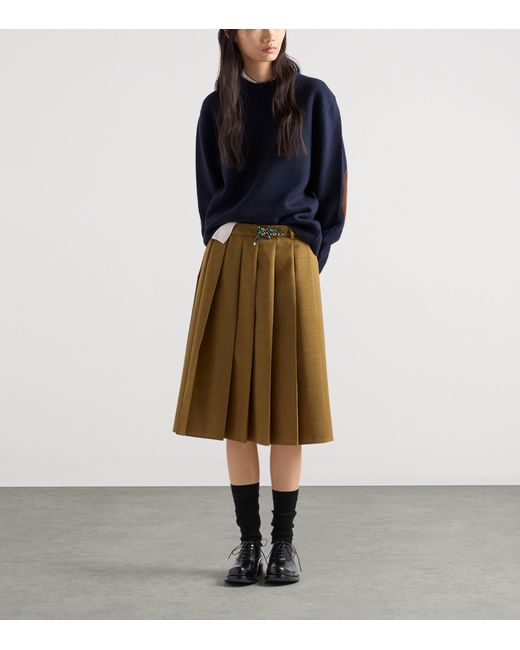 Prada Green Pleated Hopsack Midi Skirt