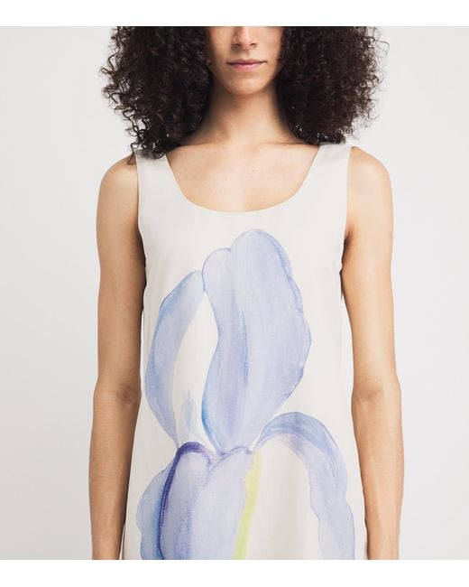Lafayette 148 New York White Silk-Linen Iris Print Maxi Dress