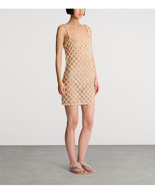 Balmain Natural Embellished Mesh Mini Dress