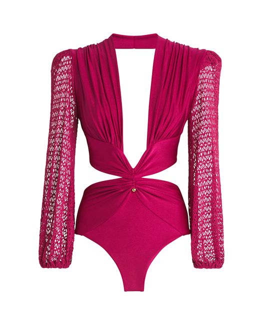 PATBO Pink Crochet-Trim Plunge-Neck Bodysuit