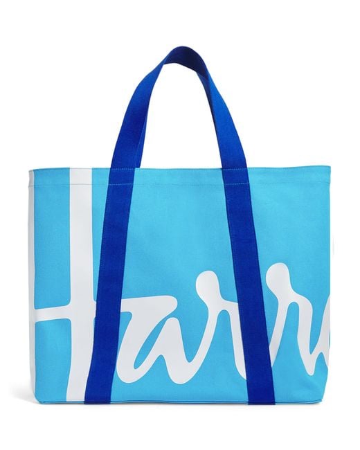 Harrods Blue Large Cotton Logo Tote Bag