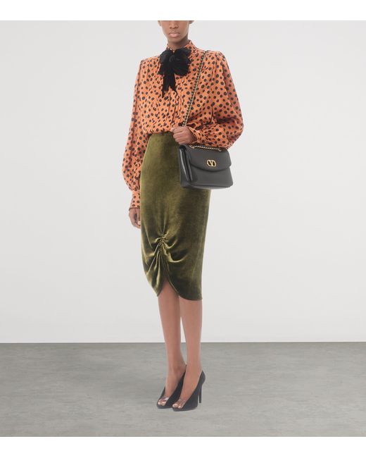 Valentino Green Velvet Gathered Midi Skirt