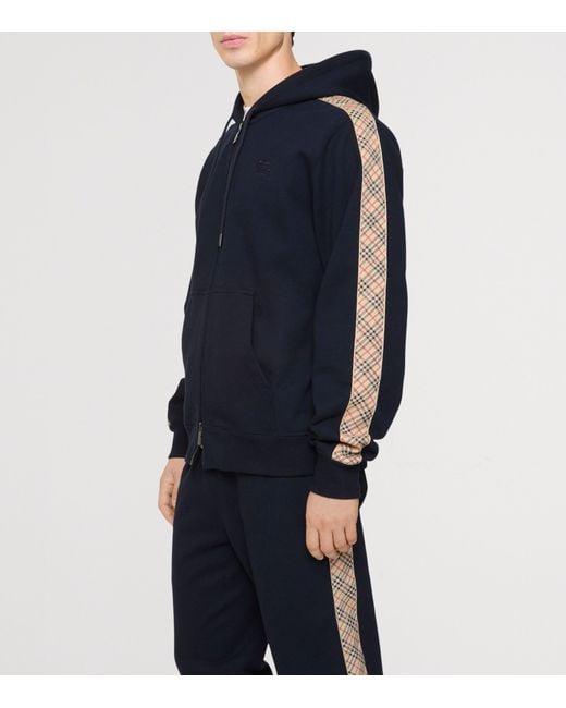 Burberry Black Cotton Check-Trim Zip-Up Hoodie for men