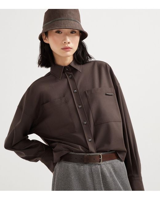 Brunello Cucinelli Brown Virgin Wool-Blend Monili-Tab Shirt