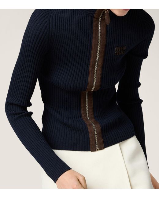 Miu Miu Blue Cashmere-Blend Suede-Trim Cardigan