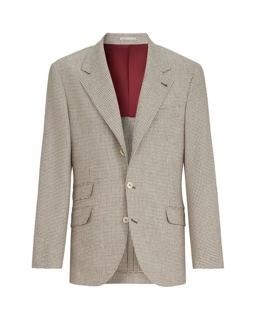 Brunello Cucinelli Brown Wool-Silk Houndstooth Deconstructed Cavallo Blazer for men