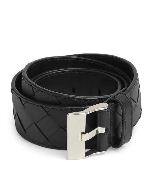 Bottega Veneta Black Leather Intrecciato Watch Buckle Belt for men