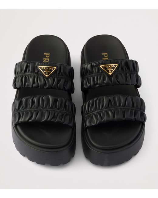 Prada Black Nappa Leather Flatform Slides 45