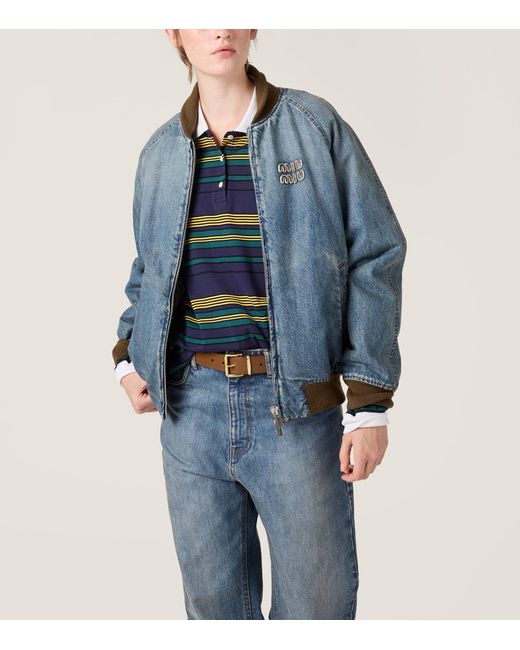 Miu Miu Blue Denim Logo Bomber Jacket