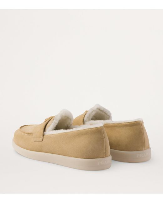 Prada Natural Suede-Shearling Triangle Loafers