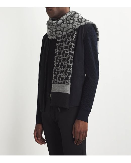 Giorgio Armani Gray Wool Monogram Jacquard Scarf for men