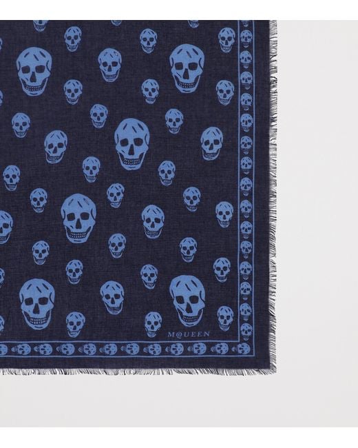 McQueen Blue Modal-Silk Skull Scarf for men