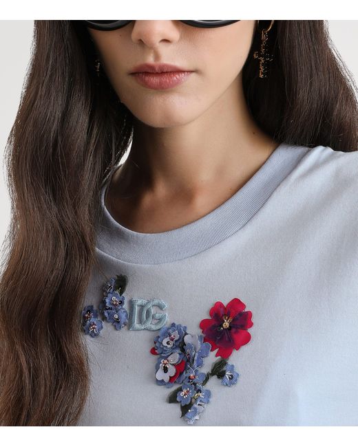 Dolce & Gabbana Blue Floral Appliqué Logo T-Shirt