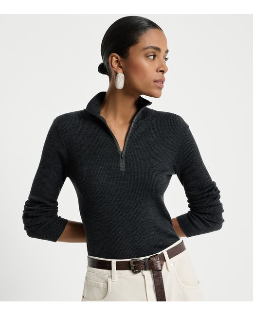 Brunello Cucinelli Black Virgin Wool-Cashmere Half-Zip Sweater