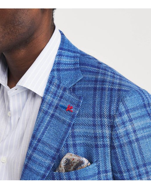 Isaia Blue Wool-Silk-Linen Check Blazer for men