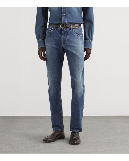 Dolce & Gabbana Blue Slim-Fit Leather Patch Jeans for men
