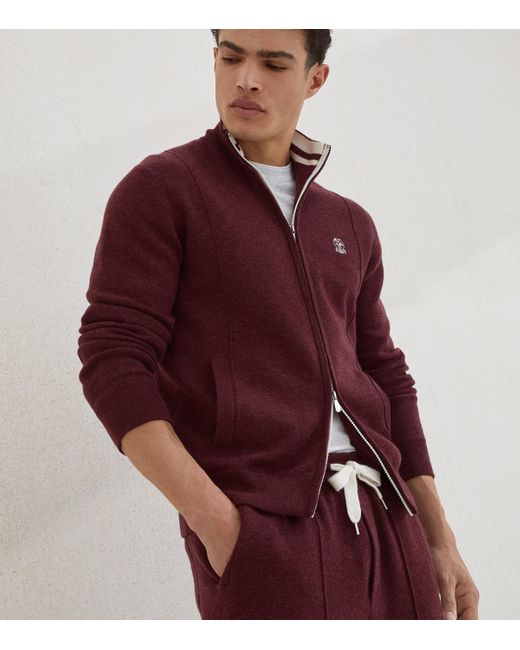 Brunello Cucinelli Red Cashmere Zip-Up Cardigan for men
