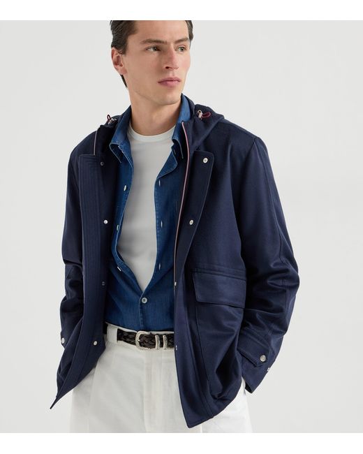 Brunello Cucinelli Blue Cashmere Hooded Jacket for men