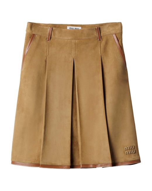 Miu Miu Natural Suede Pleated Midi Skirt
