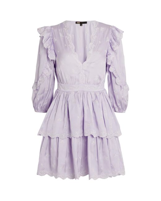 Maje Purple Embroidered Ruffle Mini Dress