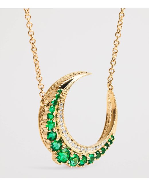 Jacquie Aiche Metallic Small, Diamond And Emerald Crescent Moon Necklace