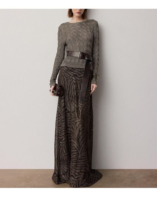 Ralph Lauren Brown Foiled Silk Chiffon Masina Maxi Skirt