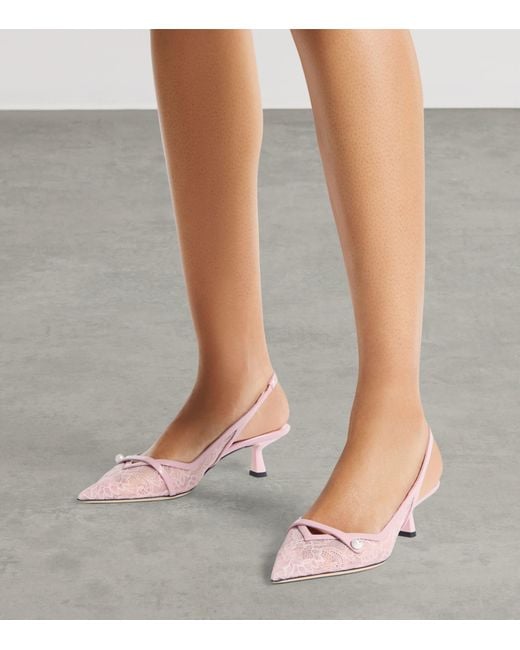Jimmy Choo Pink Amita 45 Lace-Leather Slingback Pumps