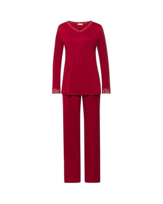 Hanro Red Cotton Lace-Trim Pyjama Set