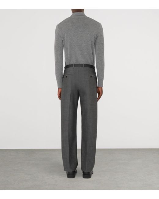 Burberry Gray Wool Check-Detail Long-Sleeve Polo Shirt for men