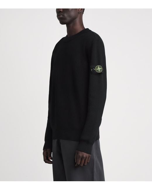 Stone Island Black Cotton Rib-Knit Compass Sweater for men