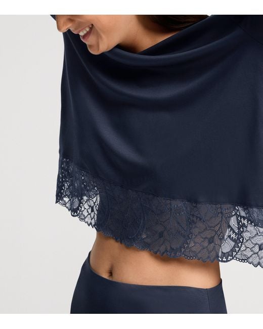 Hanro Blue Lace-Trim Long-Sleeve Pyjamas