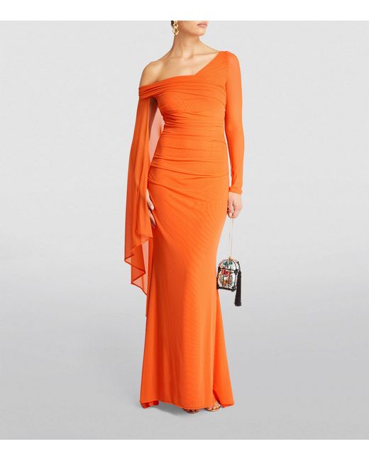 Talbot Runhof Orange Off-the-shoulder Ruched Gown