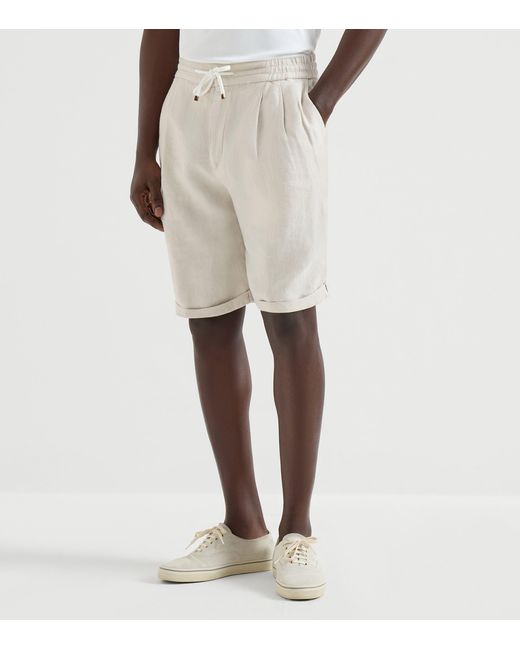 Brunello Cucinelli White Linen Drawstring Bermuda Shorts for men