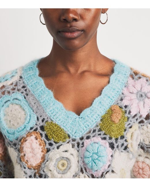 Ganni Blue Mohair-Blend Dreamy Floral Sweater
