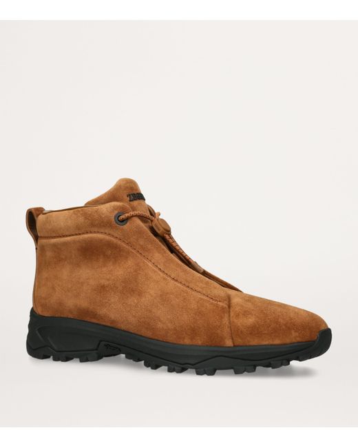 Zegna Brown Suede Triple Stitch Vetta Sneakers for men