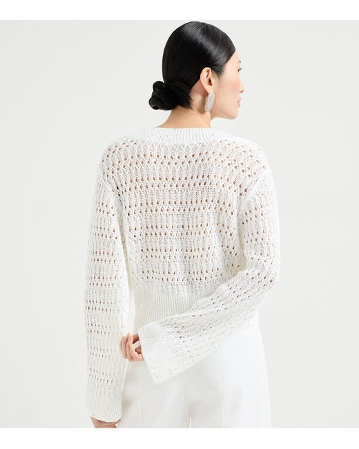 Brunello Cucinelli White Linen-Blend Dazzling Sweater