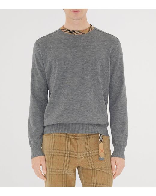 Burberry Gray Wool Check-Trim Sweater for men