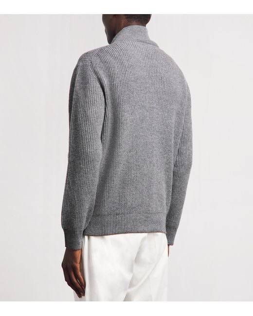 Canali Gray Wool-Cashmere High-Neck Zip-Up Cardigan for men