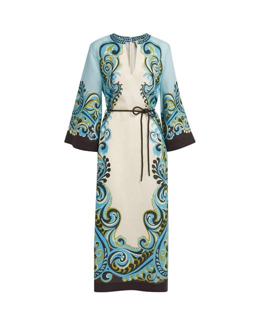 ALÉMAIS Blue Linen Printed Natalia Maxi Dress