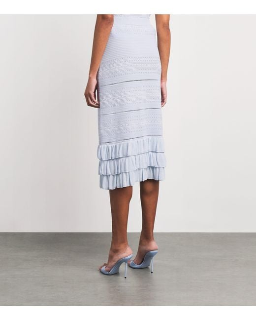 Maje White Ruffled Pointelle-Knit Midi Skirt