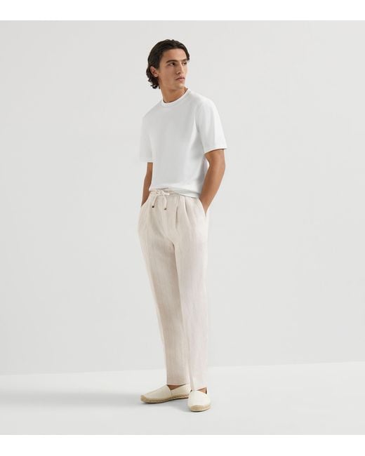 Brunello Cucinelli White Linen Drawstring Trousers for men