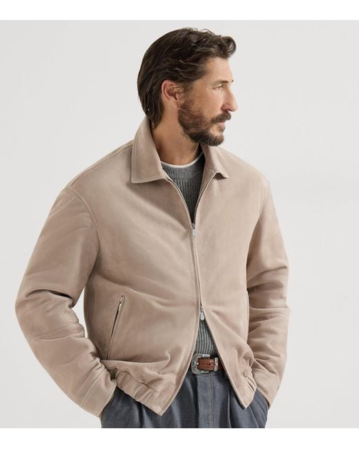 Brunello Cucinelli Brown Suede Two-Way Zip Jacket for men