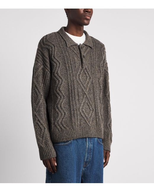 FRAME Gray Wool-Blend Cable-Knit Polo Sweater for men