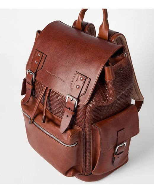 Brunello Cucinelli Brown Leather Woven Backpack for men