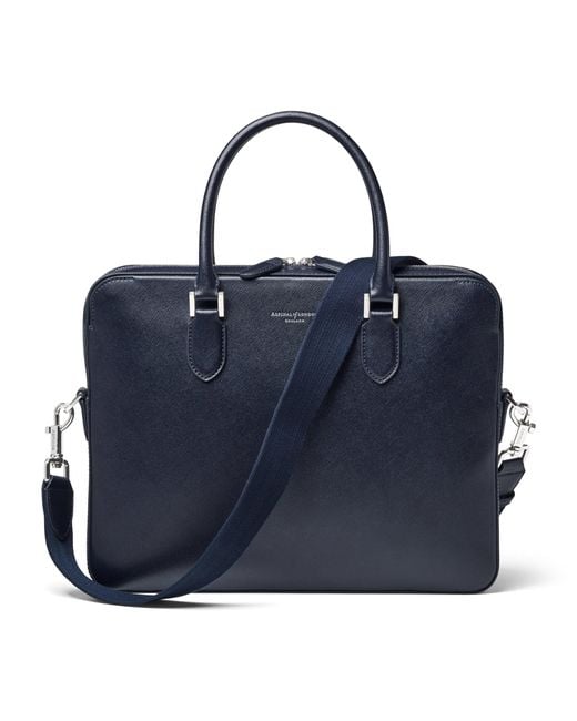 Aspinal Blue Leather Mount Street Briefcase Bag for men