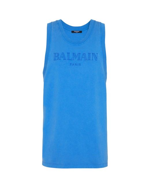 Balmain Blue Logo Embroidered Tank Top for men