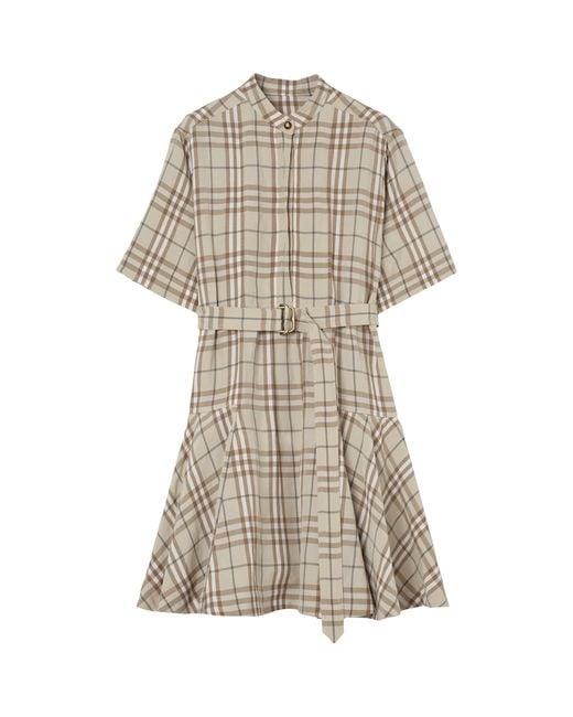 Burberry White Short-Sleeve Check Linen-Blend Belted Mini Shirtdress