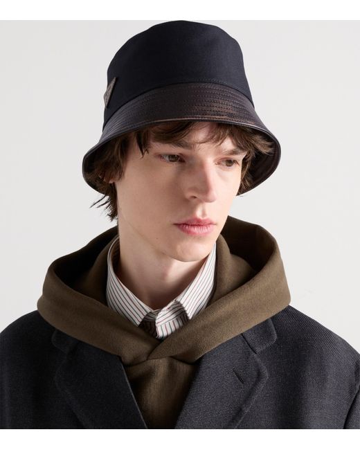 Prada Blue Leather-Trim Logo Bucket Hat for men