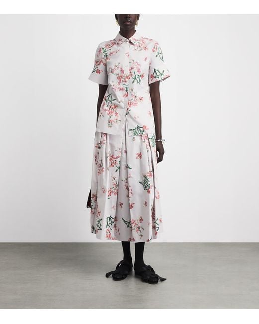 Erdem White Cotton Floral Pleated Midi Skirt