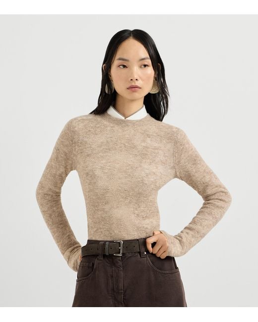 Brunello Cucinelli Natural Silk-Alpaca-Wool Lace-Detail Sweater